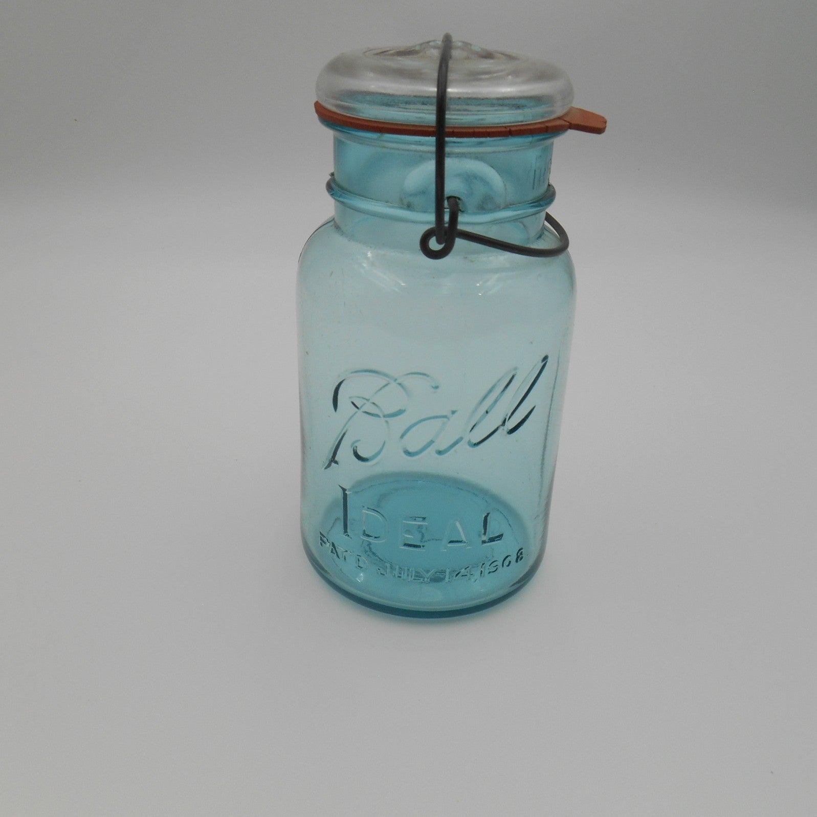 Ball Ideal Aqua Glass Lightning Lid Jar – Embossed Script Ball Jar w/ Clamp Lid