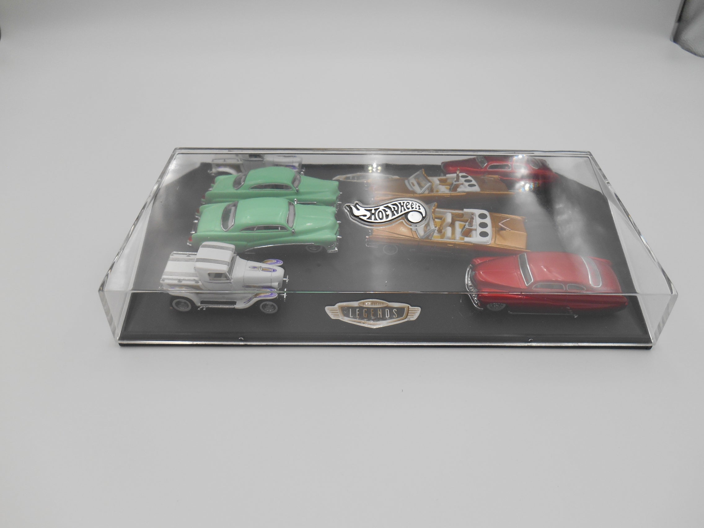 Hot Wheels Legends 4-Car Set w/ Mirrored Display Case Classic Diecast Collection