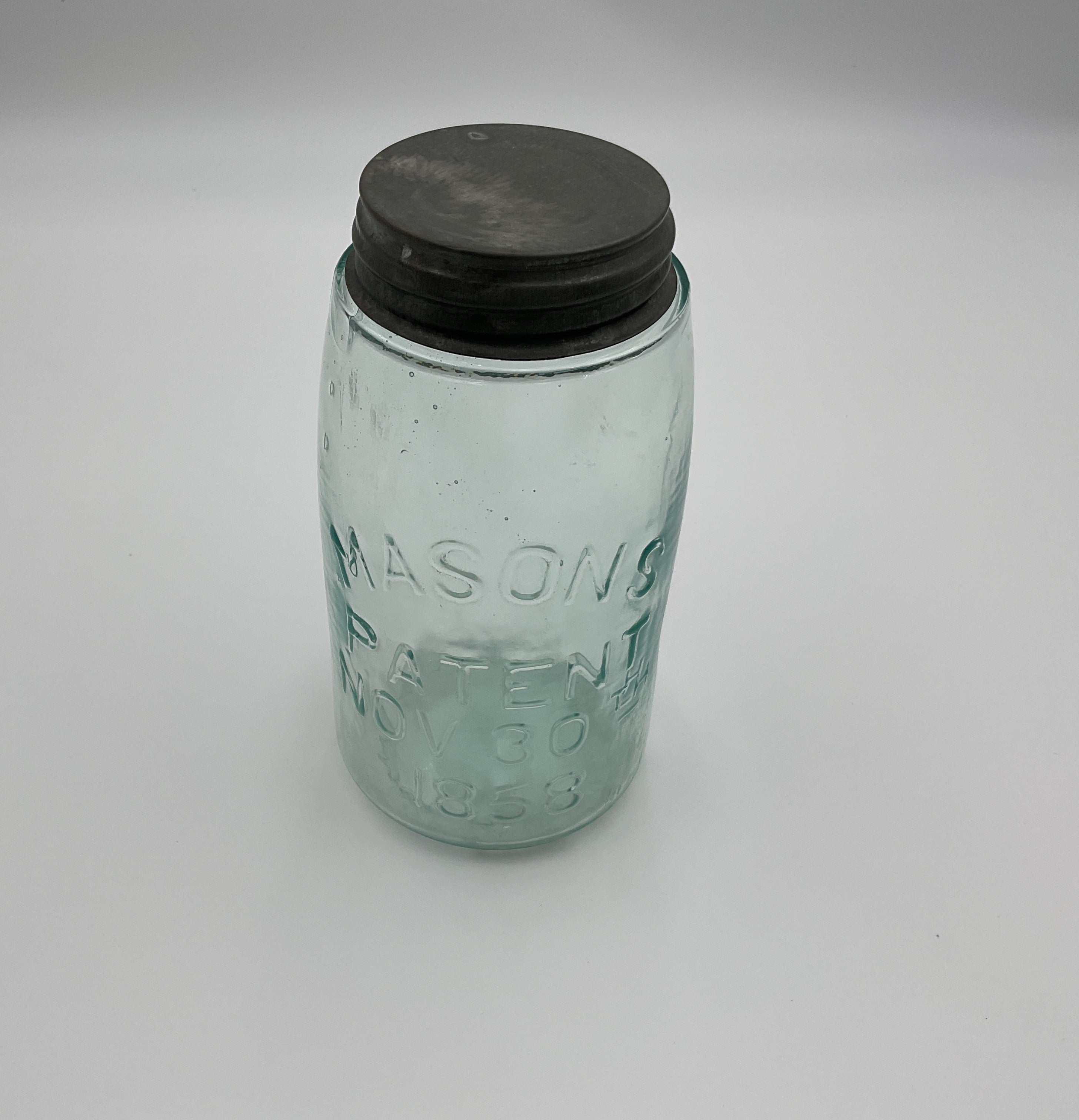 Mason's Patent Nov 30th 1858 Aqua Glass Jar with Zinc Lid – Classic Embossed Fruit Jar
