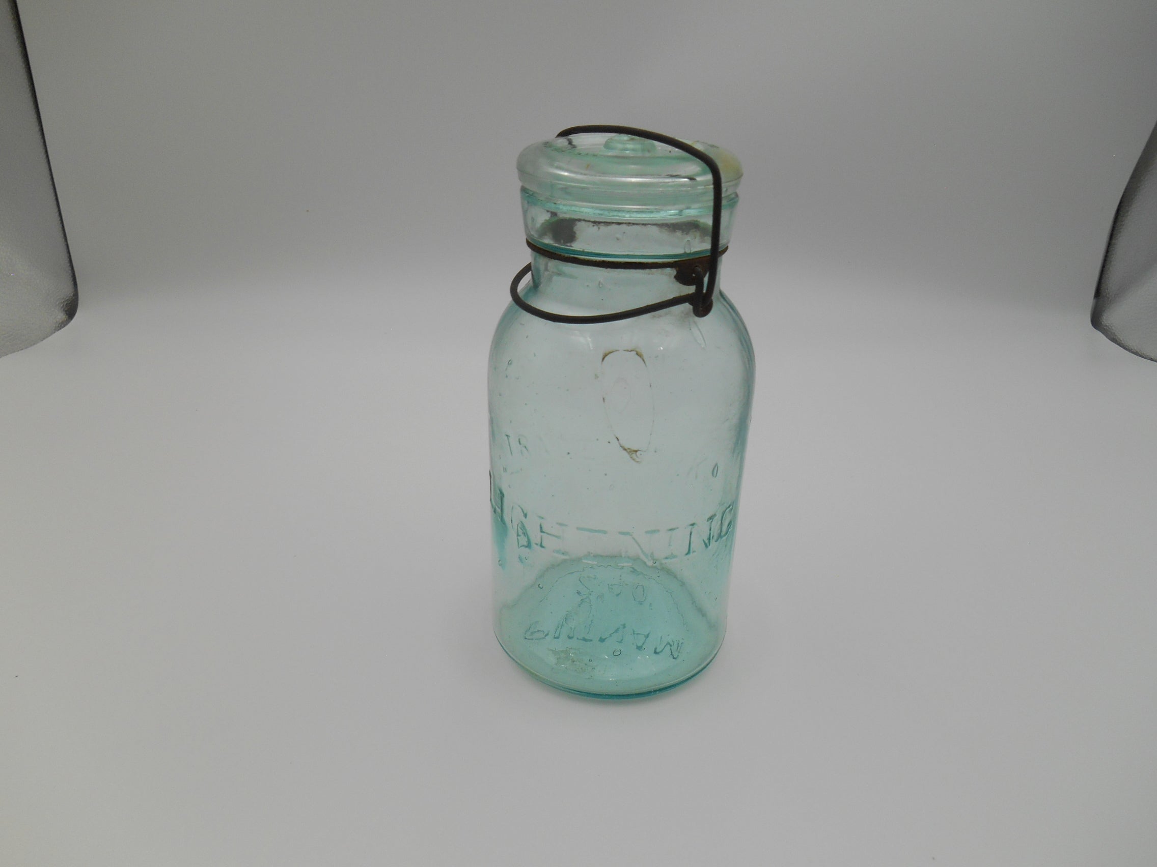 Putnam Lightning Trade Mark Aqua Glass Jar No. 240 – Antique Clamp Lid Bottle