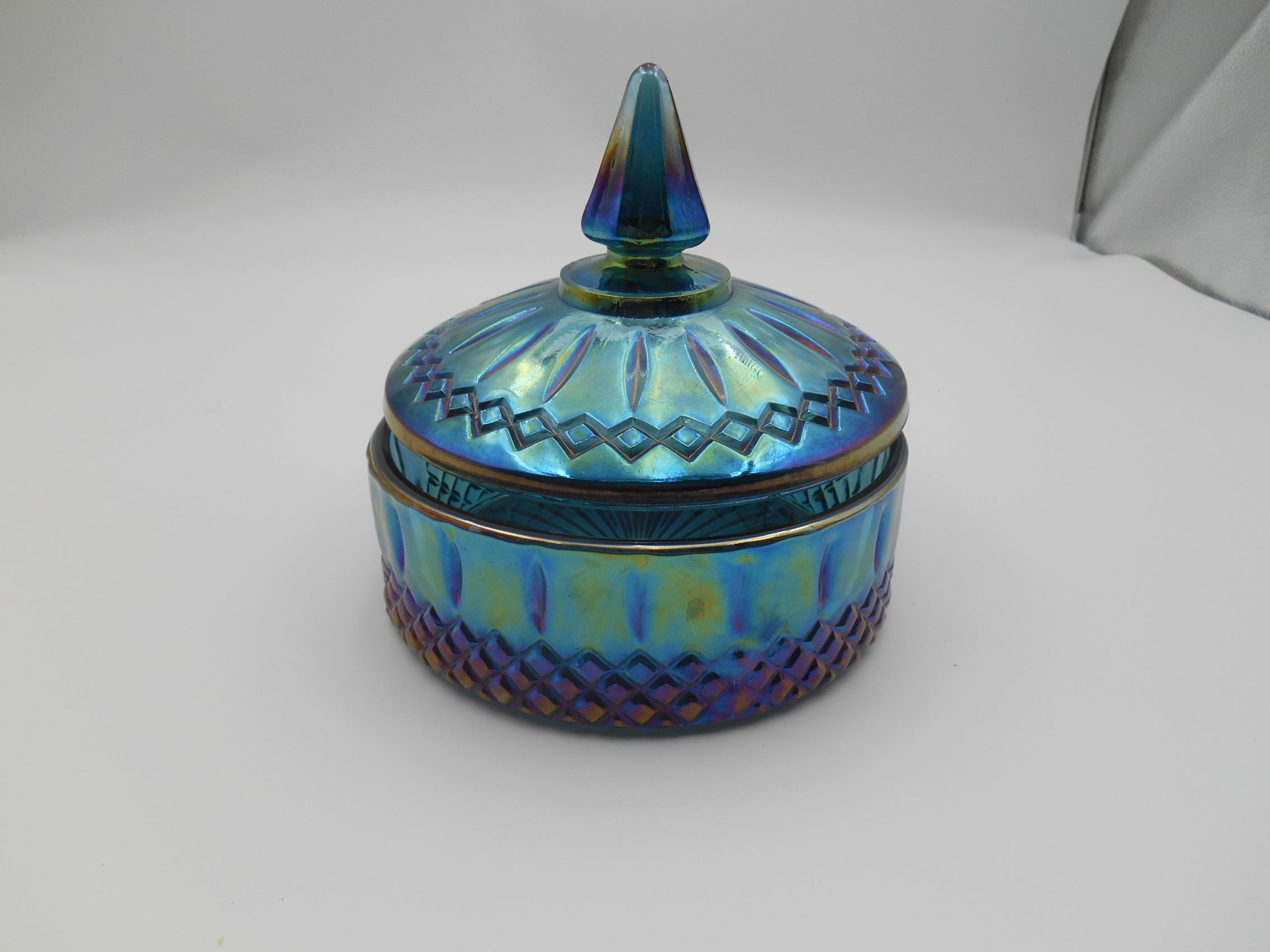 Vintage Blue Carnival Glass Covered Candy Dish